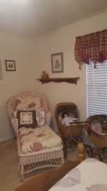 Beautiful, Heavy, Wicker Lounger. Antique Doll Carriages (Prams) and Dolls. There is a Wicker Rocker that matches the Lounger.  