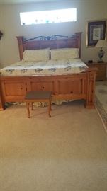 King Size Beautiful Headboard and Footboard.  Headboard is enhanced with Wrought Iron and Footboard has Flat Top Posts.  Serta Double Side Pillow Top Mattress/Boxspring is availble.
