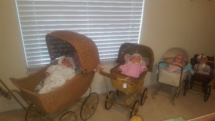 4 Antique Doll Carriages (Prams) and Baby Dolls