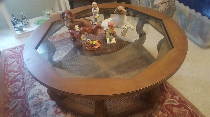 Wood, glass & wicker round Coffee Table + Figurines