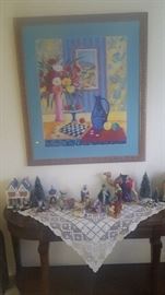 Artwork, Sofa/Foyer Table + Nativity Scene & Christmas Village