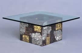 Paul Evans Brutalist "Cube" Coffee Table
36" wide, 15 3/4" high overall
cube: 20" x 20", 15" high
circa 1970  Bid on-line November 10th -15th at www.fairfieldauction.com
