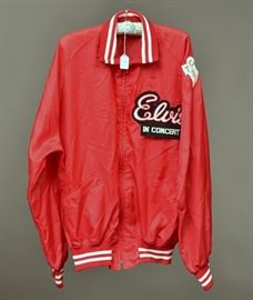 Elvis Tour Jacket
with Holloway Tag and hand stitched
tour patches, size extra large
circa 1970   Bid on-line November 10th -15th at www.fairfieldauction.com