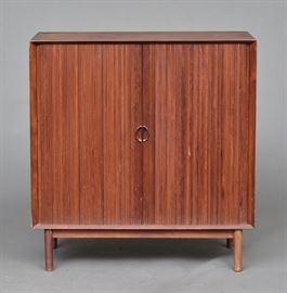 Danish Modern TV Cabinet
Peter Hvidt
with tambour doors
35 1/2" wide x 37" high x 18 3/4" deep
unsigned, circa 1960's   Bid on-line November 10th -15th at www.fairfieldauction.com