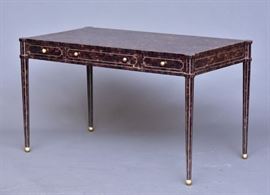 Maitland-Smith Faux Tortoise Writing Desk	
with gilt ball feet
52" wide x 16 1/2" high x34" deep
signed
late 20th century    Bid on-line November 10th -15th at www.fairfieldauction.com