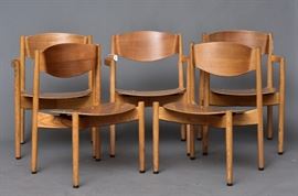 Jens Risom Stacking Chairs
five arm chairs, 32" high
and two side chairs, 32 1/2" high
3rd quarter 20th century   Bid on-line November 10th -15th at www.fairfieldauction.com