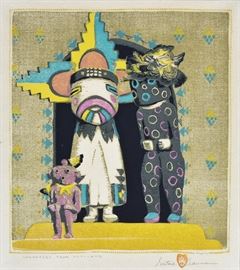 Gustave Baumann
Strangers From Hopiland
10 1/2" x 9 1/2" (image) woodcut
pencil signed and titled    Bid on-line November 10th -15th at www.fairfieldauction.com