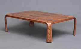 Saburo Inui Rosewood Coffee Table
manufactured by Tendo Mokko, Japan
48" x 30", 13" high
with manufacturer's tag    Bid on-line November 10th -15th at www.fairfieldauction.com