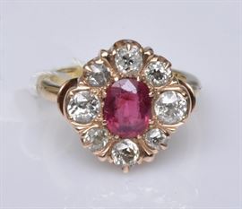 14k Gold Ruby and Diamond Ring	
ring size 7 1/4, 4.3 dwt gross
early 20th century