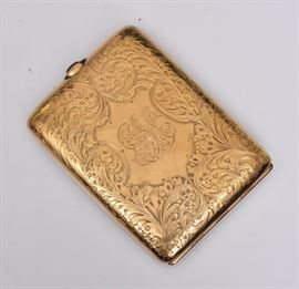 14k Gold Engraved Cigarette Case
with sapphire mounted clasp
3 1/2" x 2 1/2", 51 dwt gross
early 20th century