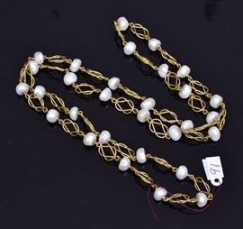 18k Gold and Fresh Water Pearl Necklace
36" long, 49.2 dwt gross
tests 18k gold