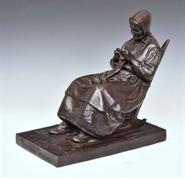 Marc-Aurele Suzor-Cote Bronze
La Compagne du vieux Pionnier
16 1/4" wide, 16" high, 9 1/4" deep
signed and dated 1912 top of base
stamped "Roman Bronze Works, NY" on base    Bid on-line November 10th -15th at www.fairfieldauction.com