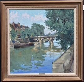 Constantine Kluge (1912–2003)	
Bridge on the Seine
34" x 33 3/4" oil on canvas
signed lower right   Bid on-line November 10th -15th at www.fairfieldauction.com
