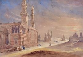 attributed to David Roberts
inscribed on the mount, "March 1839/
Tombs of the Memlook Kings Cairo"
9 1/4" x 13 3/4" watercolor mounted to board
numbered on verso board 4329 
and numbered 76 upper left of image
unsigned    Bid on-line November 10th -15th at www.fairfieldauction.com