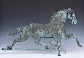 Molded Copper Horse Weathervane	
31" long with cast metal head
with directionals
early 20th century    Bid on-line November 10th -15th at www.fairfieldauction.com