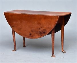Maple Drop Leaf Table
with pad feet
47 1/2" wide (leaves down), 27" high
18th century    Bid on-line November 10th -15th at www.fairfieldauction.com