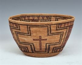 California Polychromed Basket
with crosses
Yokuts Tribe
9 3/4" diameter, 5 1/2" high
circa 1900   Bid on-line November 10th -15th at www.fairfieldauction.com