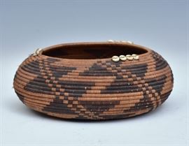 Pomo Native American Gift Basket	
with applied shell buttons
6" diameter
circa 1900    Bid on-line November 10th -15th at www.fairfieldauction.com