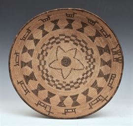Apache Native American Basketry Tray	
Pictorial, 15" diameter
ex- Williamson Museum Collection
circa 1900   Bid on-line November 10th -15th at www.fairfieldauction.com