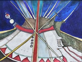 Kevin Red Star	
Summer Night Lodge
32" x 42" mixed media
signed lower right, dated 1977 verso   Bid on-line November 10th -15th at www.fairfieldauction.com