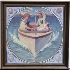 American Illustration	
Couple Boating with Dog
19 1/2" x 19 1/2" oil on board
signed GJP   Bid on-line November 10th -15th at www.fairfieldauction.com