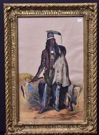 Pair Watercolor Portraits
depicting Native Americans
Two Figures, 25 1/2" x 13 1/2" 
signed Mahesh Kumar 
Warrior, 22" x 14", signed Vighnu Sharma   Bid on-line November 10th -15th at www.fairfieldauction.com
