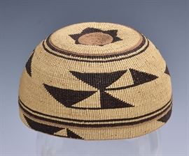 Hupa Native American Basketry Hat	
6 1/2" diameter
early 20th century    Bid on-line November 10th -15th at www.fairfieldauction.com