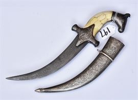 Indo Persian Kindjal Dagger	
niello horse head and bone handle
14" long overall, 8 1/2" long blade   Bid on-line November 10th -15th at www.fairfieldauction.com