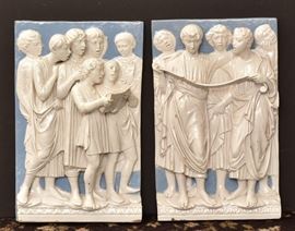 Pair of Della Robbia Style Plaques	
Cantagalli 
A Choir Singing
each 19" x 11 3/4"
with rooster mark on back    Bid on-line November 10th -15th at www.fairfieldauction.com