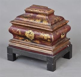 Chinoiserie Box
with later stand
16 1/2" x 12" x 13" high box
18" high overall with the stand
18th century    Bid on-line November 10th -15th at www.fairfieldauction.com