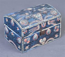 French Folk Art Painted Box
decorated with birds
19" x 12 1/2" x 13 1/2"
19th century    Bid on-line November 10th -15th at www.fairfieldauction.com