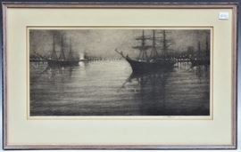 Two Kerr Eby Etchings
Shipping, 8 1/4" x 17" (image)
from an edition of 100
Harbor Lights, 12" x 10 1/2" (image)
both pencil signed lower right   Bid on-line November 10th -15th at www.fairfieldauction.com