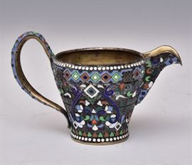 Russian Enameled Silver Creamer	
3" high, 3.66 troy ounces gross
late 19th century    Bid on-line November 10th -15th at www.fairfieldauction.com
