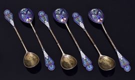 Set of Six Russian Enameled Silver Spoons	
Kuzmichev, Moscow
each 5 1/2" long, 6.0 troy ounce    Bid on-line November 10th -15th at www.fairfieldauction.com