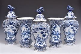 Delft Blue and White Garniture Set
five pieces consisting of three covered
jars and two vases
largest 18 1/2" high
signed, 19th century   Bid on-line November 10th -15th at www.fairfieldauction.com