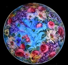 Ulla Darni Wrought Iron Chandelier
six light chandelier
with hand painted dome shade, 
32" diameter, with additional
wrought iron flush mount
signed   Bid on-line November 10th -15th at www.fairfieldauction.com