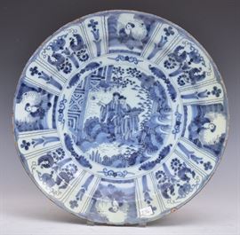 Delft Blue and White Charger
with figures
15 3/4" diameter
18th century   Bid on-line November 10th -15th at www.fairfieldauction.com