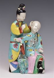 Chinese Famile Rose Porcelain Group
Woman Examining Man's Ear
7 3/8" high
ex- Cohen & Cohen
18th century    Bid on-line November 10th -15th at www.fairfieldauction.com