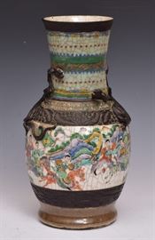 Chinese Crackle Glaze Vase	
with battle scene and raised dragons
with 13 1/2" high    Bid on-line November 10th -15th at www.fairfieldauction.com
