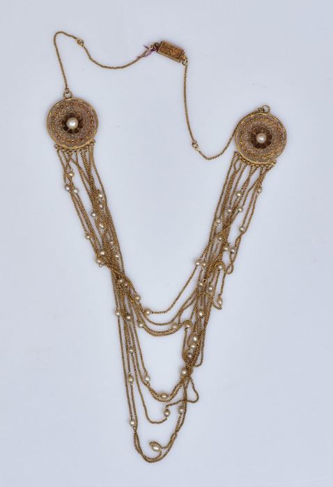 Victorian 18k Gold and Pearl Cannetille Necklace
Etruscan Revival
16" long, 19.9 dwt gross    Bid on-line November 10th -15th at www.fairfieldauction.com