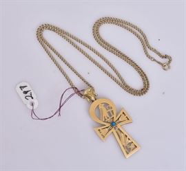 18k Gold Egyptian Ankhset with Persian turquoise, 2 1/8" long 
on 22" long 14k gold chain
11.8 dwt gross    Bid on-line November 10th -15th at www.fairfieldauction.com