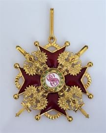 Russian Gold and Enamel Medal	
Imperial Order of St. Stanislaus
2nd class
marked Eduard/56
Military Division
60 mm diameter   Bid on-line November 10th -15th at www.fairfieldauction.com