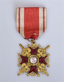 Russian Gilt Bronze and Enamel Medal
Imperial Order of St. Stanislaus Medal
3rd class, marked Eduard
with fitted box
50mm diameter    Bid on-line November 10th -15th at www.fairfieldauction.com