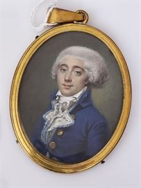 Portrait Miniature	
Gentleman in Blue Coat
2 1/4" x 1 3/4" painting on paper
unsigned   Bid on-line November 10th -15th at www.fairfieldauction.com