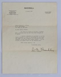 Happy" Chandler Letter re: Jackie Robinson	
typed letter/signature from 
Alfred B. "Happy" Chandler
dated April 30, 1947
with original envelope    Bid on-line November 10th -15th at www.fairfieldauction.com