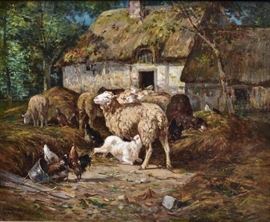 C. Jacques
Sheep in the Farmyard
18" x 22" oil on canvas
signed lower left   Bid on-line November 10th -15th at www.fairfieldauction.com