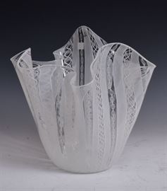Murano Latticino Handkerchief Vase	
11 1/2" high
with etched signature and Murano label   Bid on-line November 10th -15th at www.fairfieldauction.com