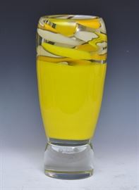 Abbey Modell Art Glass Vase	
yellow swirl design with clear base 
16" tall, signed   Bid on-line November 10th -15th at www.fairfieldauction.com
