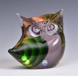 Murano Cenedese Green Art Glass Owl	
6 3/4" high
with Murano label   Bid on-line November 10th -15th at www.fairfieldauction.com