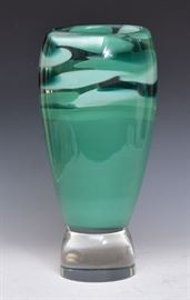 Abbey Modell Art Glass Vase
green swirl design with clear base,
17" tall, signed